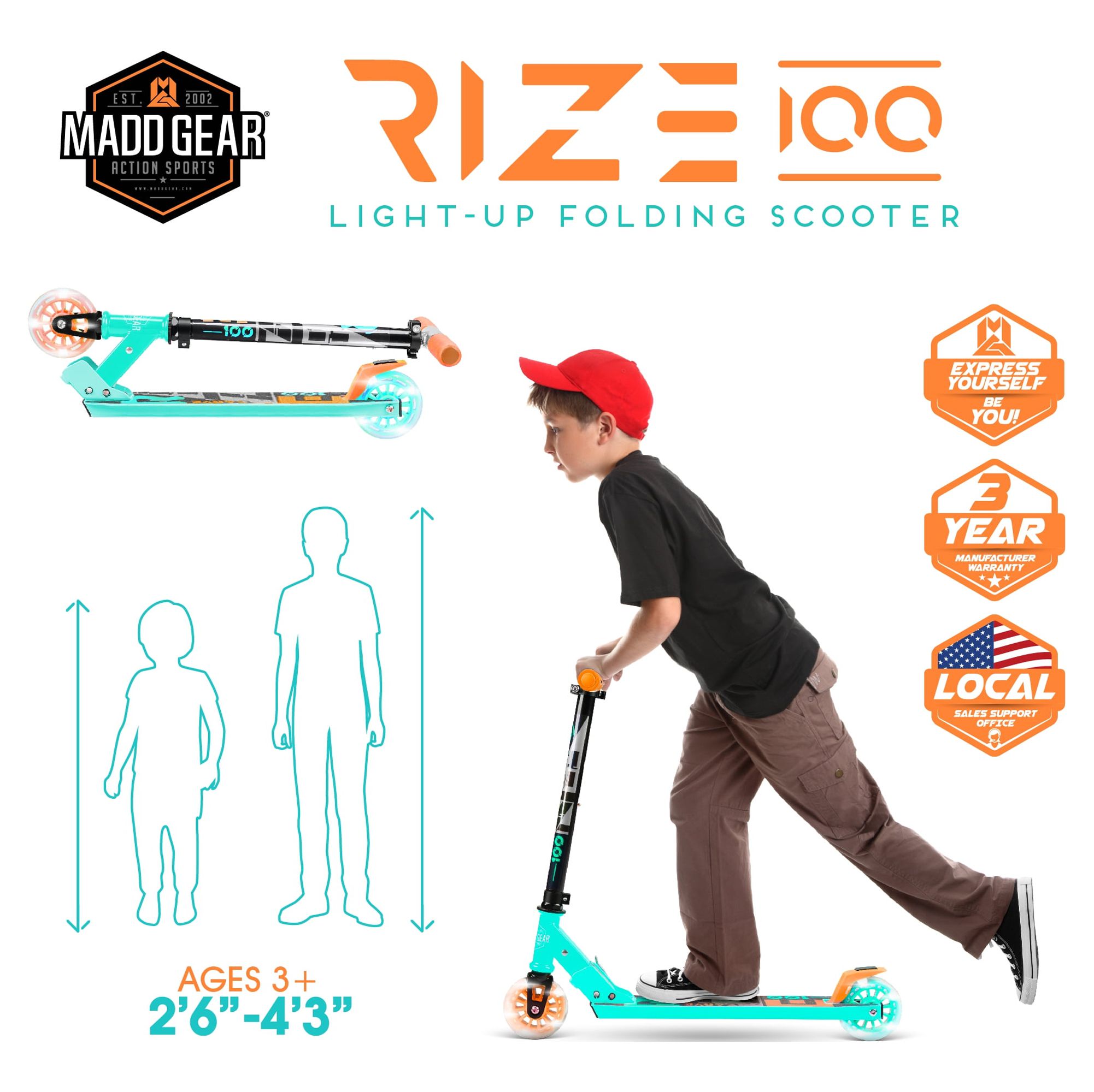Madd Gear Rize 100 Folding Kids Kick Scooter - Light Up Wheels - Height Adjustable - Lightweight - Unisex - image 5 of 11