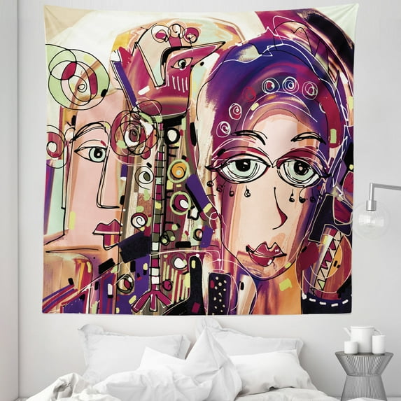 Abstract Tapestry, Colorful Sketchy Drawing Faces Quirky Faces Contemporary Scribbles Art, Fabric Wall Hanging Decor for Bedroom Living Room Dorm, 5 Sizes, Blush and Multicolor, by Ambesonne