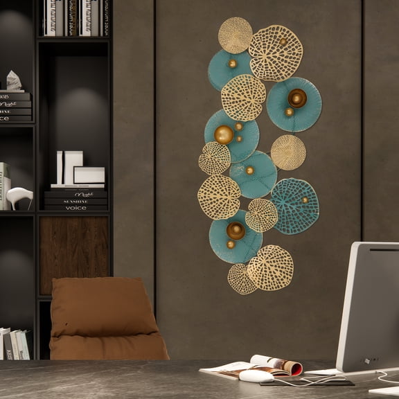 Lotus Leaf Wall Decor 51x24in Gold & Blue Metal Lotus Art with Natural Ruffled Design Large Iron Wall Sculpture for Living Room