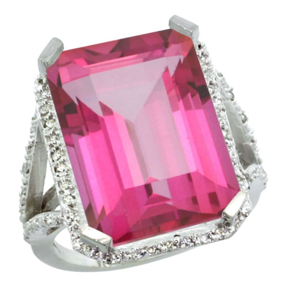 14K White Gold Diamond Natural Pink Topaz Ring Emerald-cut 18x13mm, size 5 by Gabriella Gold