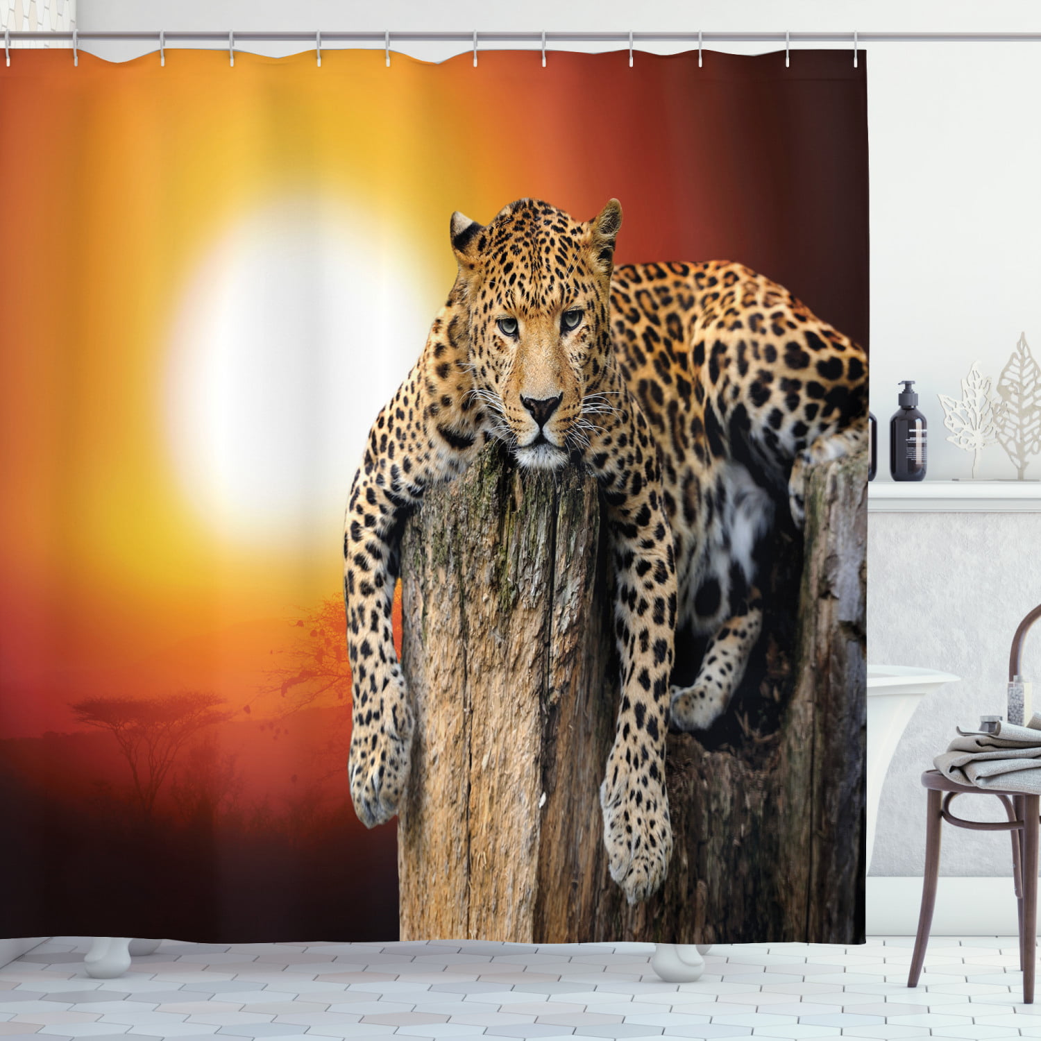 African Safari Wildlife Animal Leopard Fabric Shower Curtain Sets With 12 Hooks 