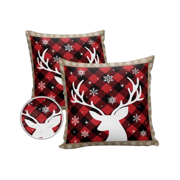 Pack of 2 Outdoor Pillow Covers, Christmas Moose Winter Snowflake Buffalo Plaid Waterproof Square Throw Pillowcase Cushion Decorative Pillow Covers for Couch Patio Tent, 16x16 in