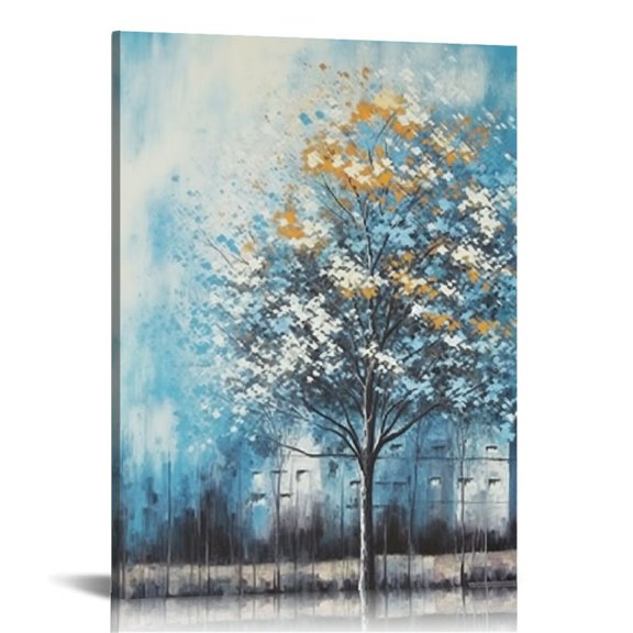 ONETECH Tree Wall Art Canvas Teal Landscape Painting Blue Forest Textured Picture Panoramic Abstract Nature Artwork Framed for Bathroom Living Room Bedroom Home Office Wall Decor