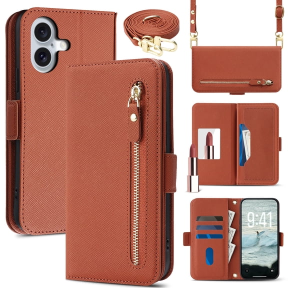 Lunvic for iPhone 17 Wallet Case, Zipper Pocket, Card Slots, RFID Blocking, Crossbody Strap, Makeup Mirror, Brown