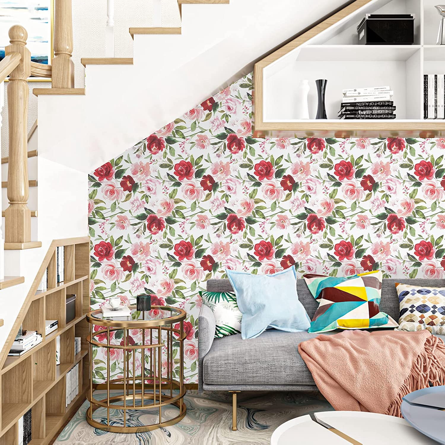 VEELIKE 17.7" x118.1" Vintage Peel and Stick Wallpaper Floral Self-Adhesive Removable Pink Red Rose Floral Wallpaper Vinyl Decorative Leaf Floral Contact Paper for Bedroom Walls Cabinet Nursery Shelf