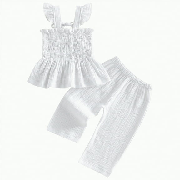 TOWED22 Toddler Girl Outfits Sleeveless Top Bell Bottoms Set Baby Girls Ruffle T Shirt Flare Pants Spring Summer Clothes(White,4-5 Y)