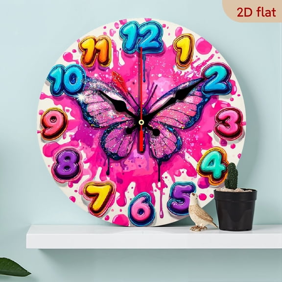 2D Flat 1pc 10Inch Wooden Friendly Color-Changing Butterfly Wall Clock - Silent Non-Ticking Battery-Powered Round Clock with Pink Multicolor Numbers, Large Hands for, Room, Living Room