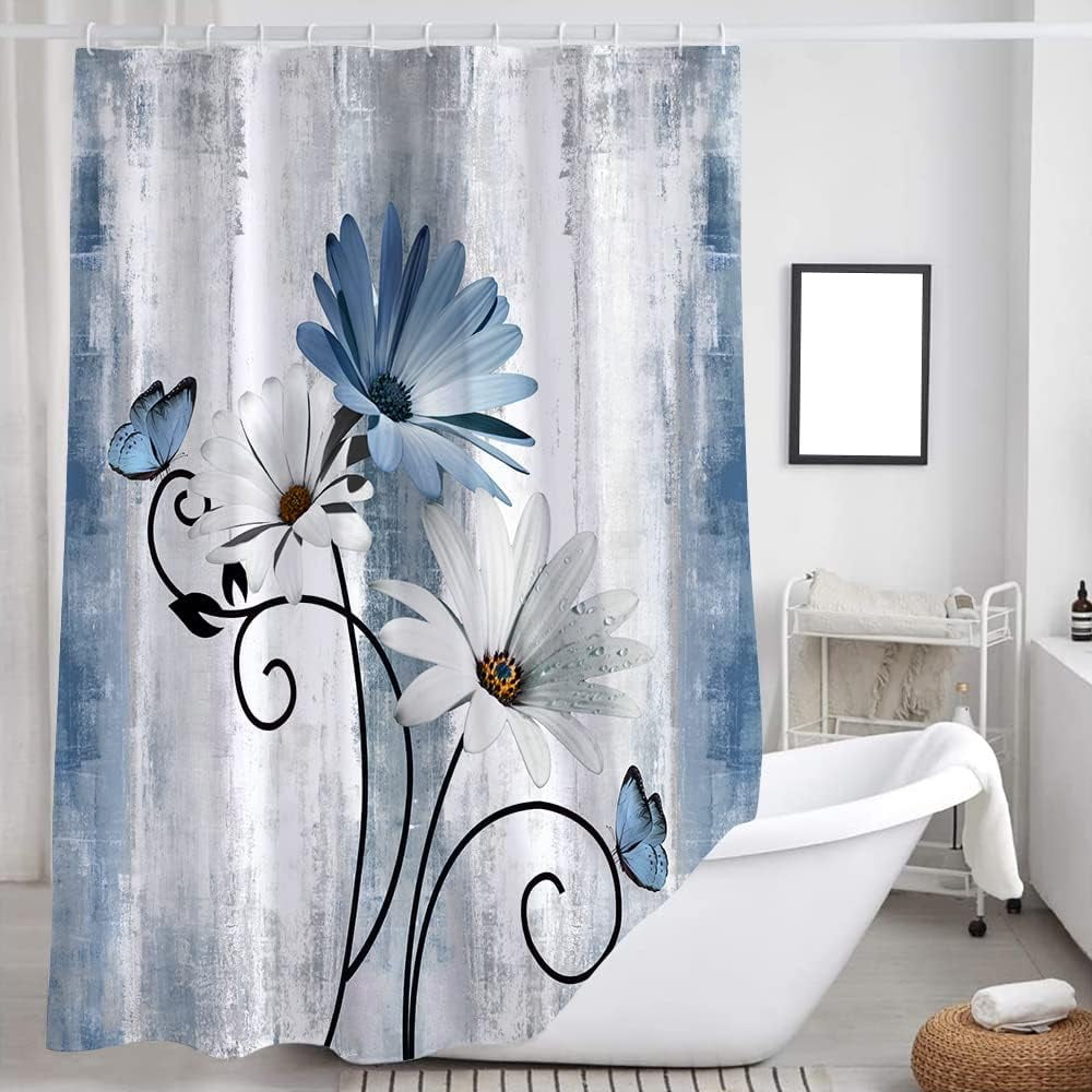 Rustic Farmhouse Shower Curtain, Farm Blue Daisy Floral Flowers and Butterfly on Country Wooden Shower Curtain for Bathroom, Turquoise Blue Bathroom Shower Curtains with 6PCS Hooks, 36X72IN