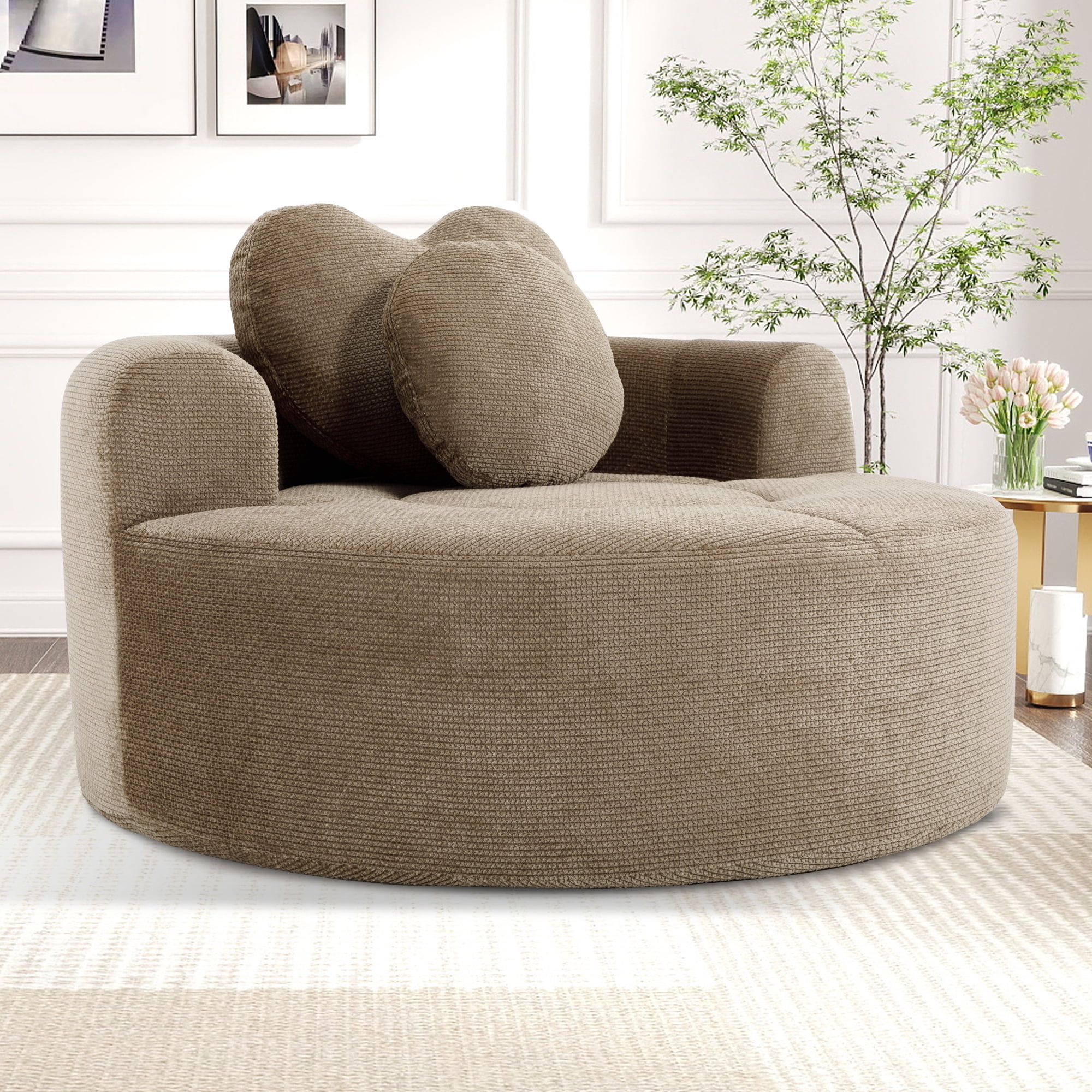 Leumius Oversized Round Chair Lounge Chaise Indoor,Upholstered Round Sofa Bed with Memory Foam,Comfy Cloud Circle Chair with Deep Seat for Living Room Bedroom,No Assembly Required,Brown