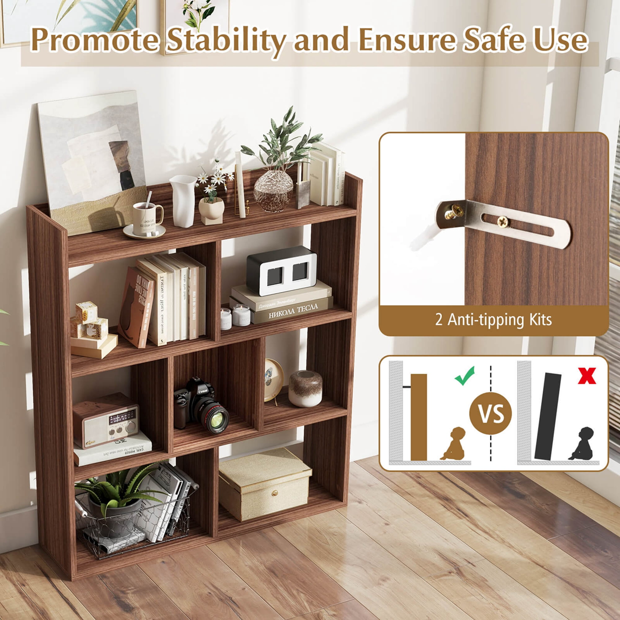 Costway 1 PCS 7-cube Bookcase Open Storage Shelf with Anti-tipping Kits for Living Room Walnut
