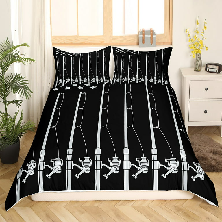 American Flag Fishing Bedding Set Vintage Fishing Pole Comforter Cover for  Boys Man,Ocean Fish Duvet Cover Fishing Gear Angling Twin Bed Set,Black and  White Stars and Stripes Fishing Line Room Decor 