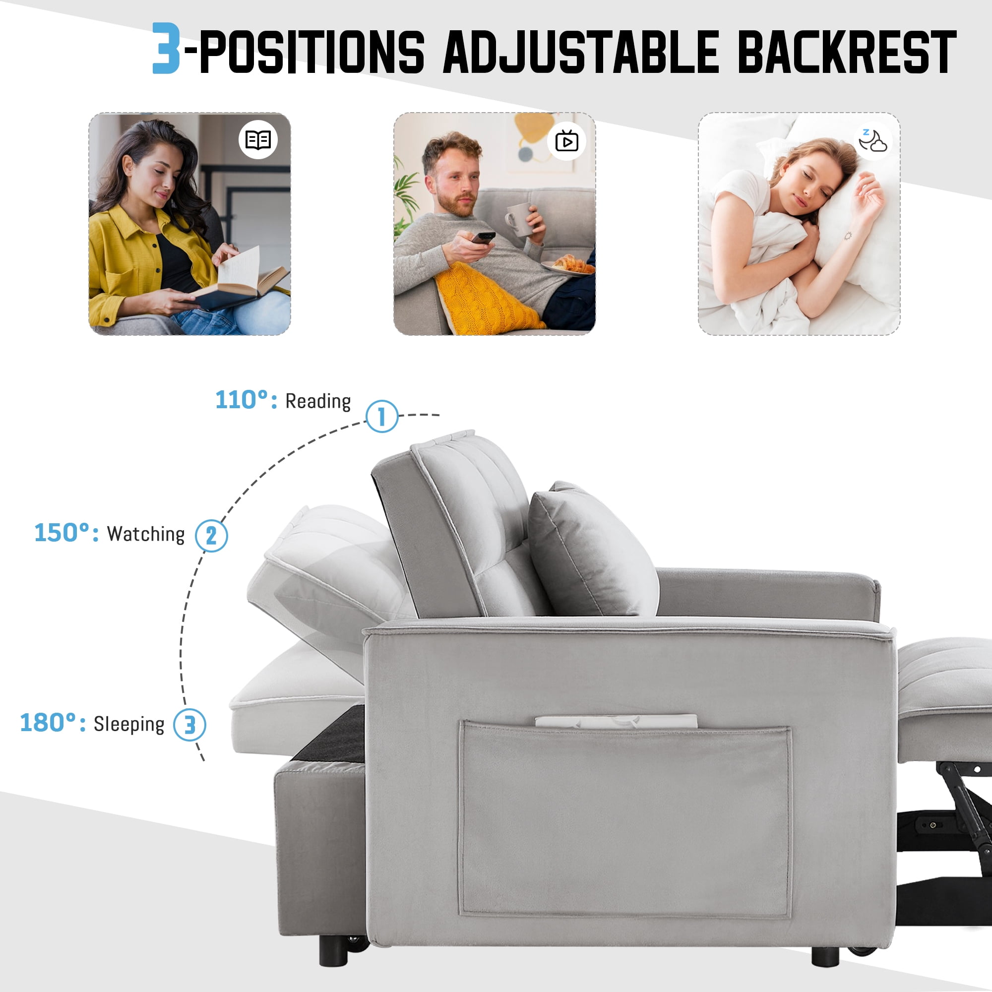 Lunale 3-in-1 Convertible Sleeper Sofa Chair Bed, Lounge Chair Indoor, Modern Single Couch for Living Room, Small Spaces, Gray Velvet