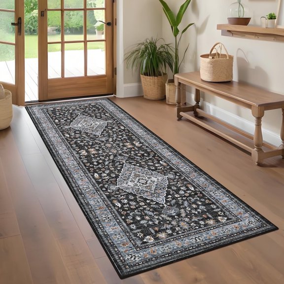 Geetinfly Vintage Floral Print Runner Rug 2inX6in Washable Rug Stain Resistant Indoor Carpet Non-Slip Low Pile Floor Rugs for Entryway Bedroom Hallway Kitchen Black