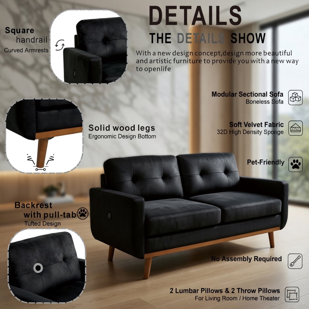 Hommoo 65" Mid-Century Modern Two-Seater Sofa, Breathable Foil Polyester Fabric, Solid Wood Legs, Tool-Free Assembly, Black