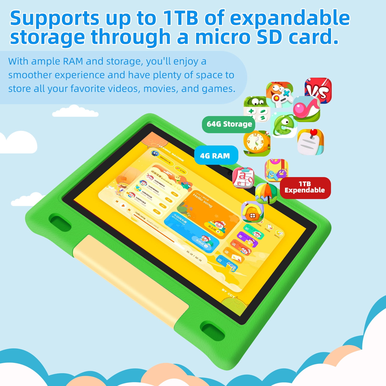 Kids Tablet, 10.1 inch IPS HD Touchscreen Android 14 64 GB Storage, 8GB RAM, Octa Core Tablet for Kid with Kid-Proof Case, Parental Controls, 12-hr Battery, WiFi, GPS – Green