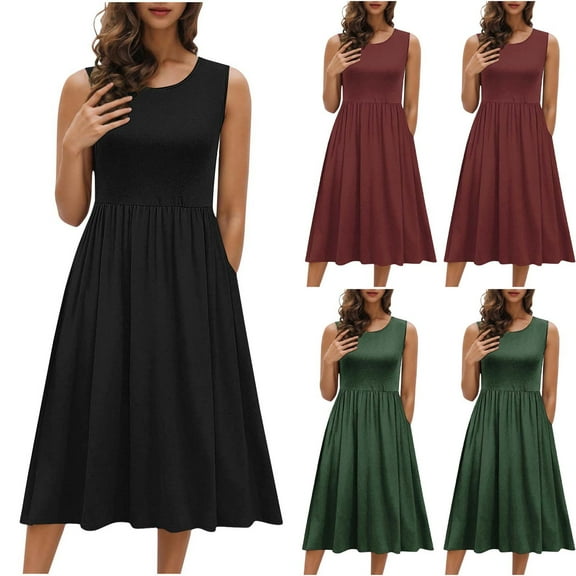 Summer Dresses for Women 2025, Fashion Women's Dresses Summer Casual Round Neck Sleeveless Solid Beach Sundresses Boho Dress(Black,S)