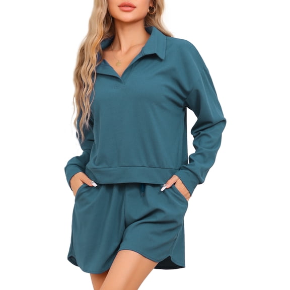 DARING DIVA Women's Waffle Knit Pajama Set Top and Shorts with Pockets Dark Green XS