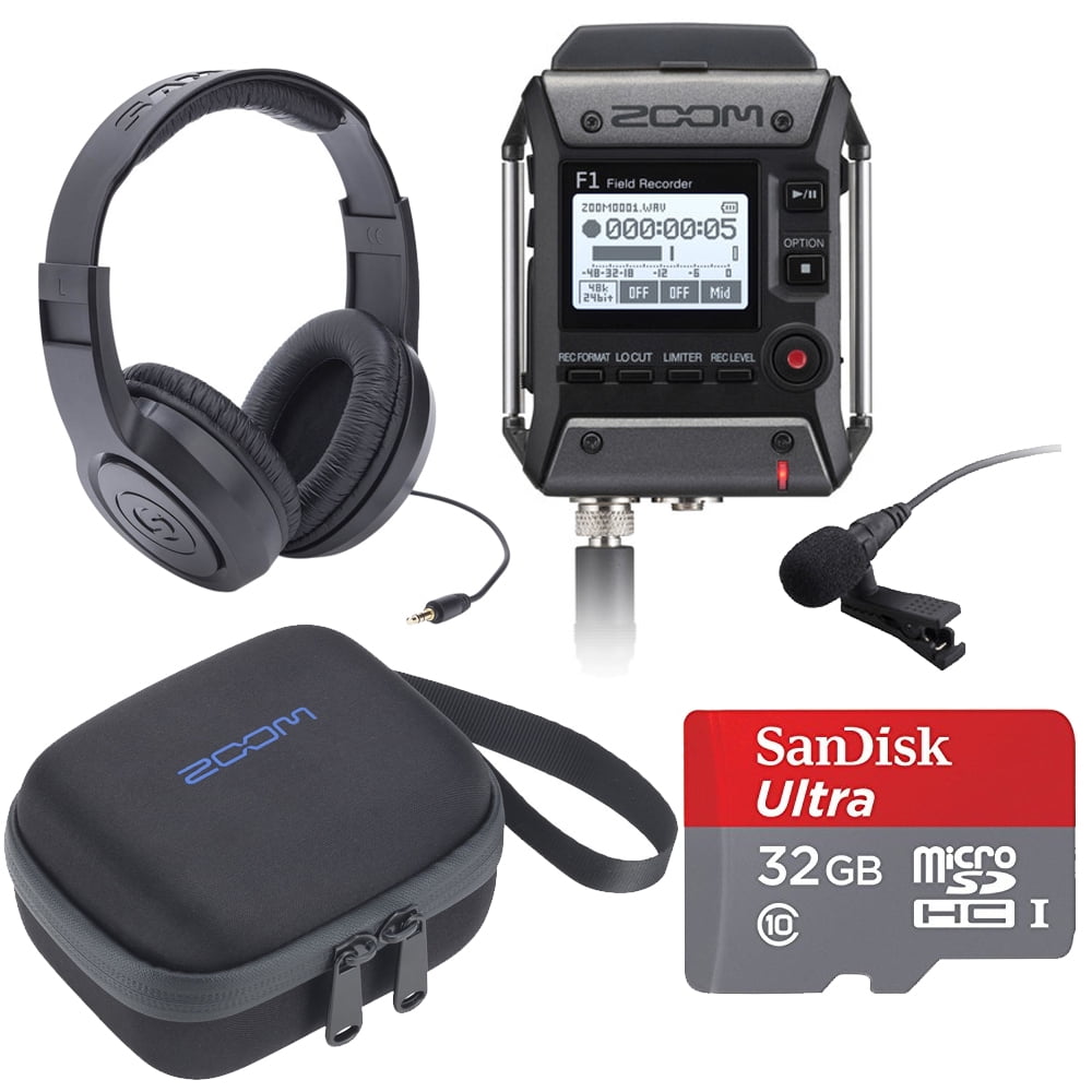 Zoom F1 Field Recorder Lavalier Package + Samson Stereo Headphones + Zoom  Carrying Bag for F1-LP + 32GB microSDHC UHS-I Card with Adapter