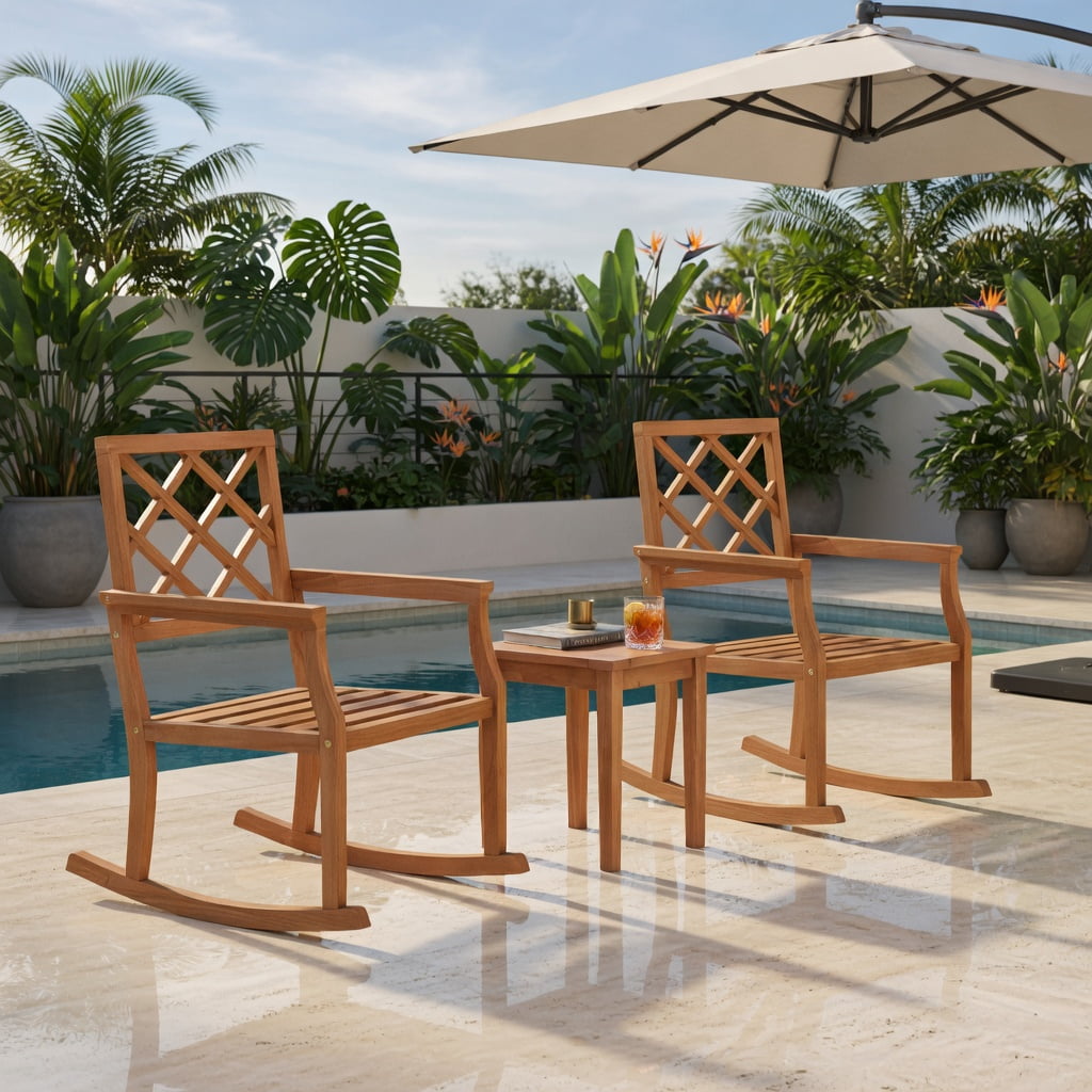 Hommoo Oversized Teak Wood Rocking Chair for Outdoor Patio, Sturdy Indonesian Teak Porch Rocker with Ergonomic Backrest & Slatted Seat, Brown