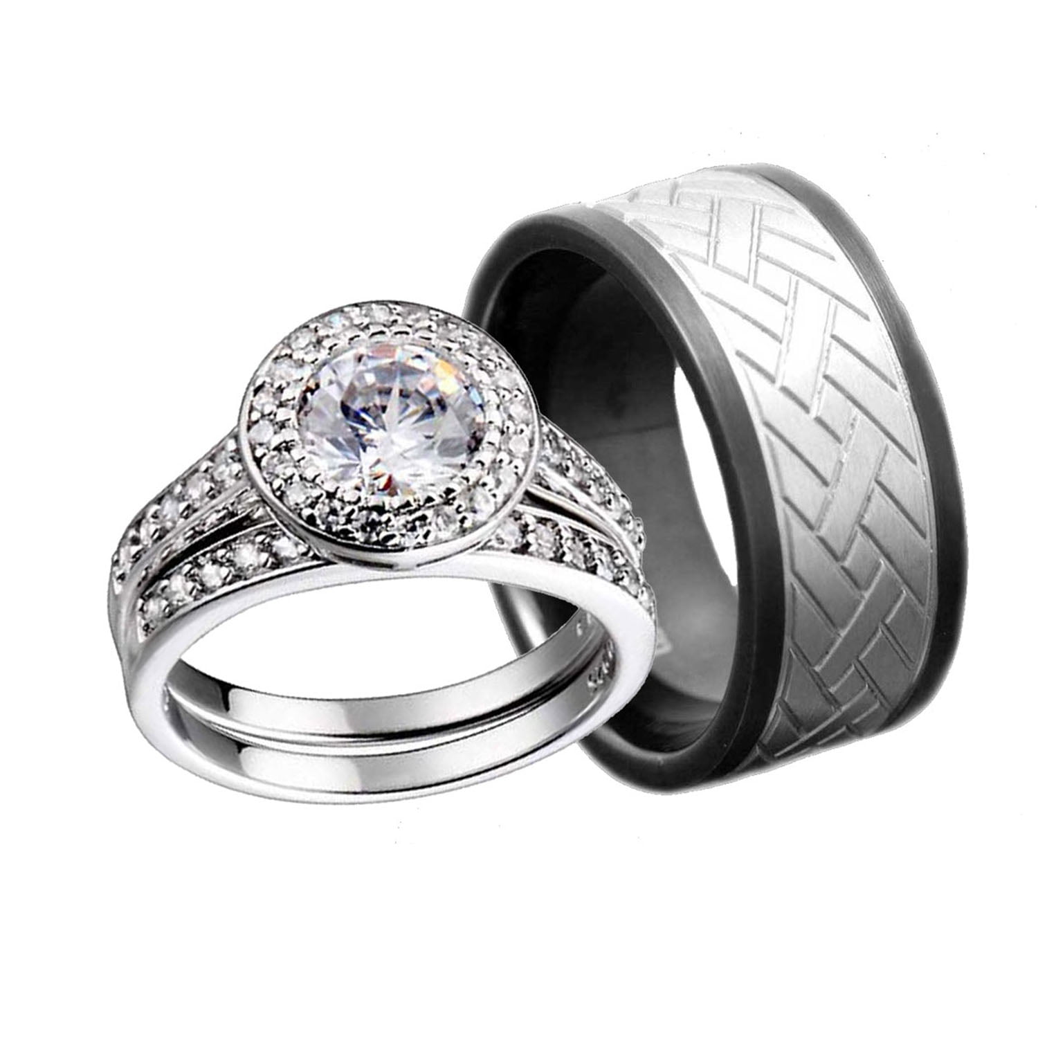 His and Hers 1.9CT Sterling Silver Cubic Zirconia Gold 2 Tone Titanium 4 pcs Bridal Ring Set 