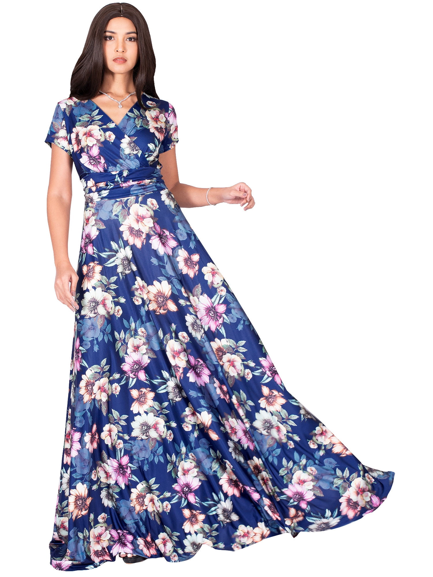 KOH KOH Long Spring Summer Floral Print Cap Short Sleeve Full Floor Length  Cocktail Party Sexy V-Neck Sundress Sun Gown Maxi Dress For Women Navy Blue  & Pink XXXX-Large US 26-28 NT074_B033 -