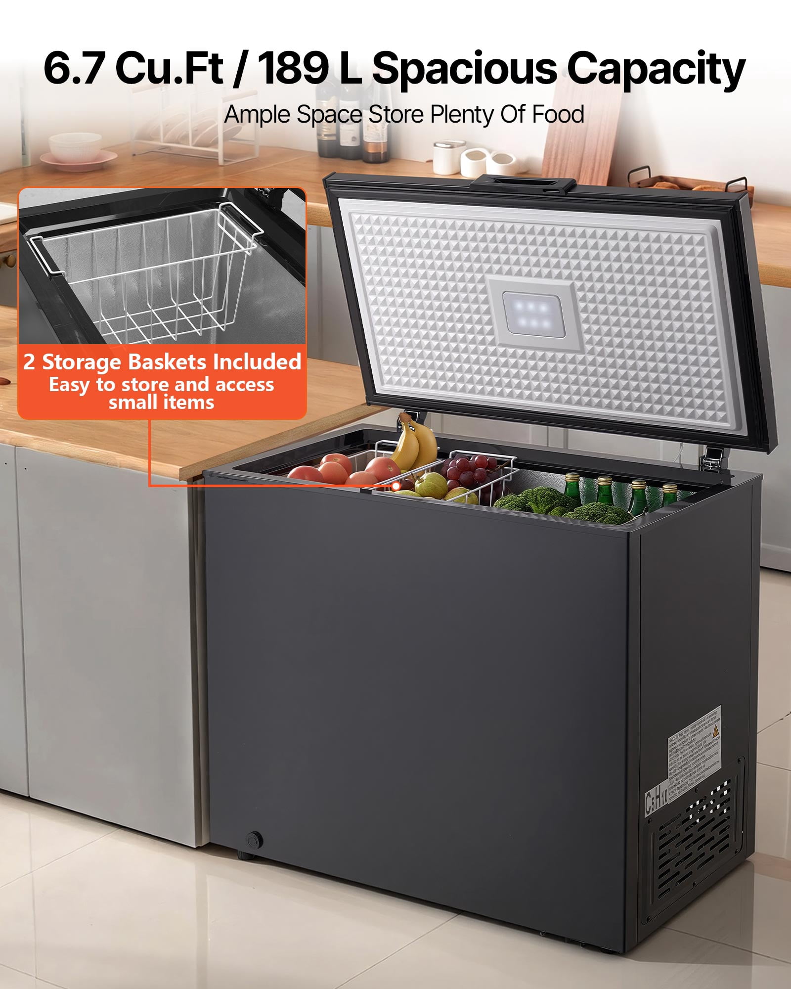 VEVOR Chest Freezer, 6.7 Cu.ft Compact Deep Freezer, Free Standing Top Open Door Chest Freezers with 2 Removable Baskets & Adjustable Thermostat - Energy Saving, Low Noise & Garage Ready, Black