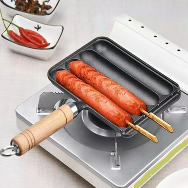 Cheap Cast Iron Sausage Pan with Anti-Scald Wooden Handle Non-Stick Pre  Seasoned Grilled Sausage Pot Kitchen Outdoor Use