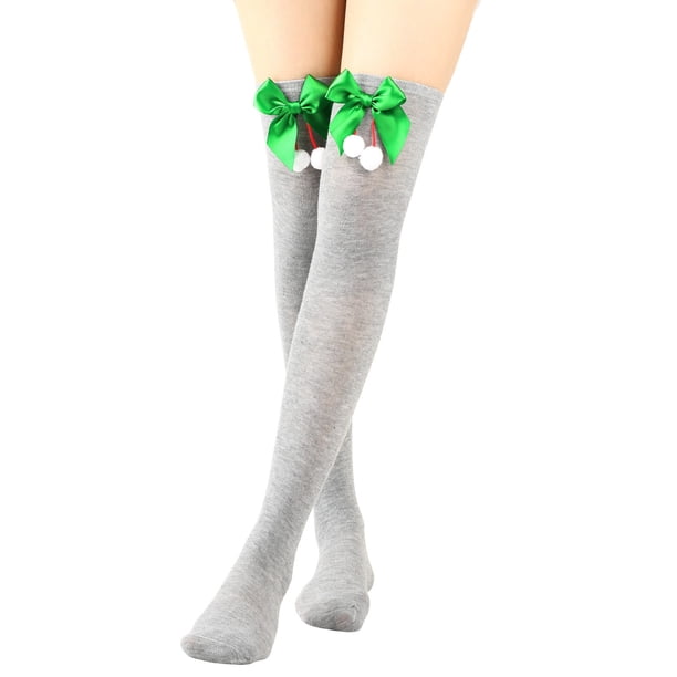 Calcetines largos hasta la rodilla para mujer, lisos, con lazo navideño y bola, cálidos, para mujer
