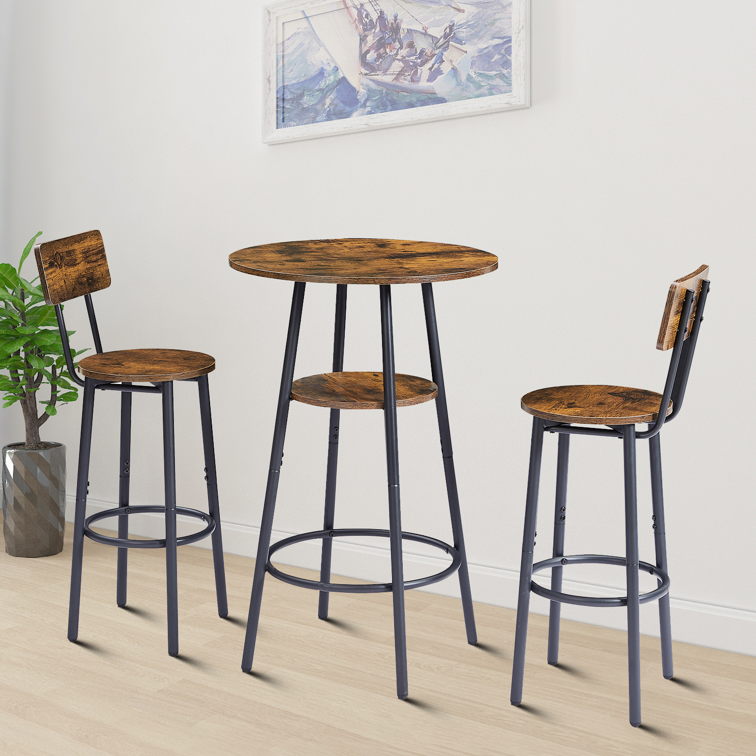 Twolayer Retro Round Bar Table Set with 2 stools, Rustic Brown