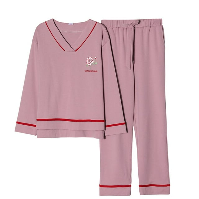 REDHOTYPE Nouveaux Pyjamas Simples en Coton Doux pour Femmes 2 Pcs Grande Taille 3TG Manches Longues Décontractées