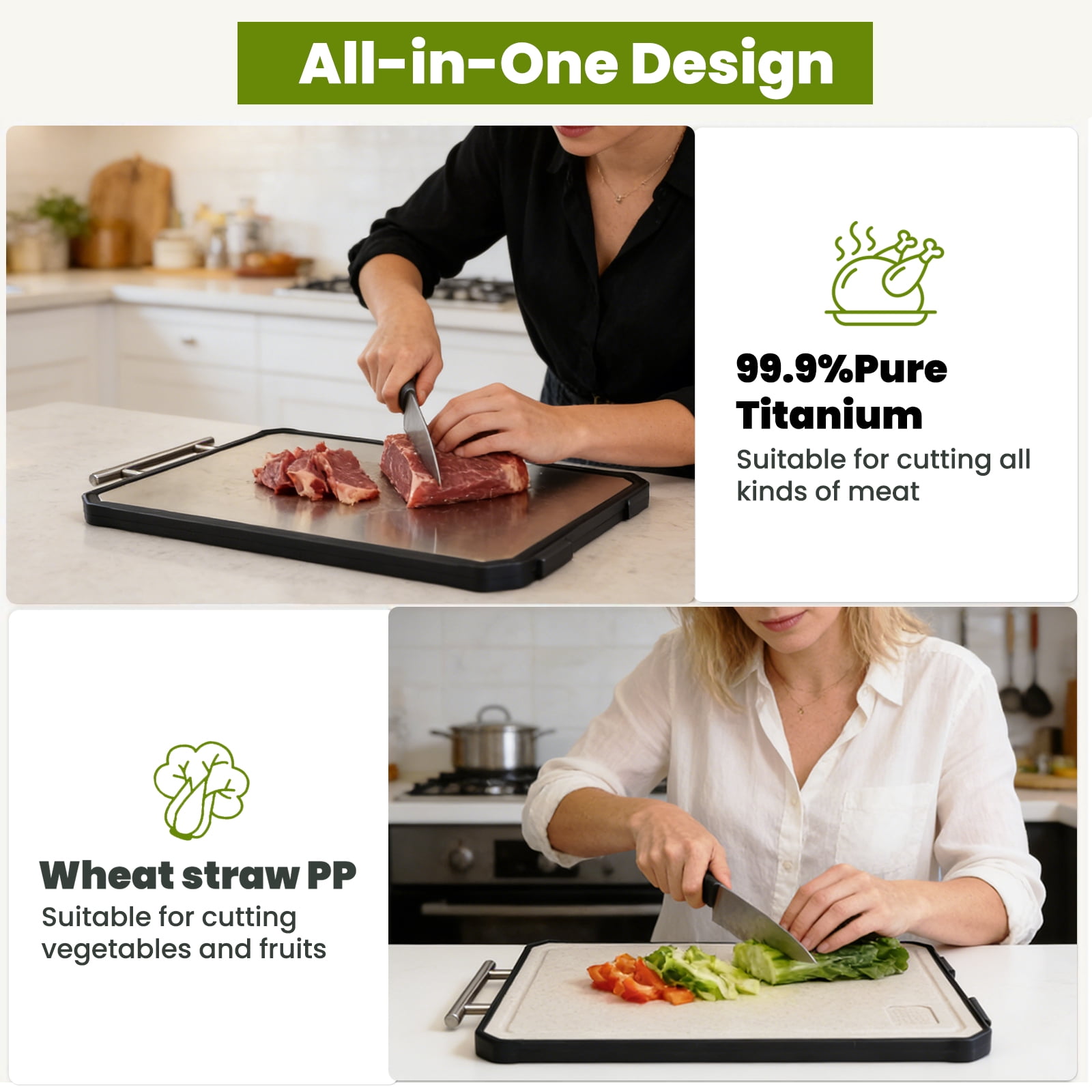 Titanium Cutting Board with Juice Groove – Double-Sided with Titanium & Wheat Straw Surface, BPA-Free, Non-Slip, Dishwasher Safe, Heavy-Duty Kitchen Board