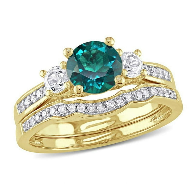 4/5 Carat (ctw) Lab-Created Emerald Bridal Wedding Ring Set in 10K Yellow Gold with Diamonds