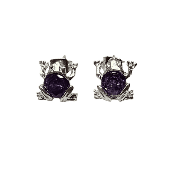 ARETES DE RANA ZIRCONIA MORADA DE PLATA