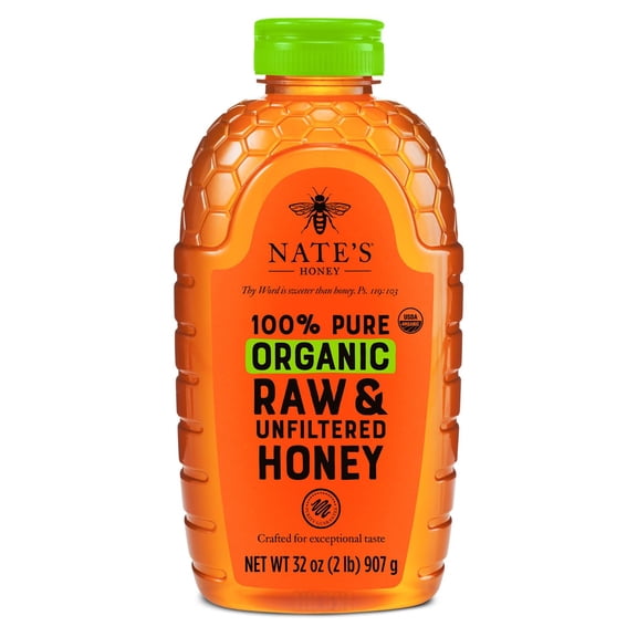 Nate's Organic 100% Pure, GGA1 Raw & Unfiltered Honey - USDA Certified Organic - 32oz. Squeeze Bottle