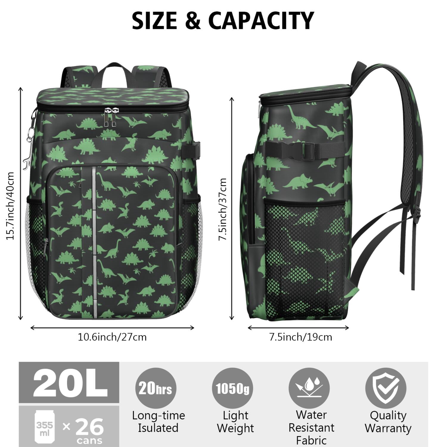 Travel Cooler Bag - Black Cartoon Dinosaurs Pattern Camping Beer Cooler Backpack with Bottle Opener- Waterproof Insulated Picnic Backpacks - Cooler Bag for Beach