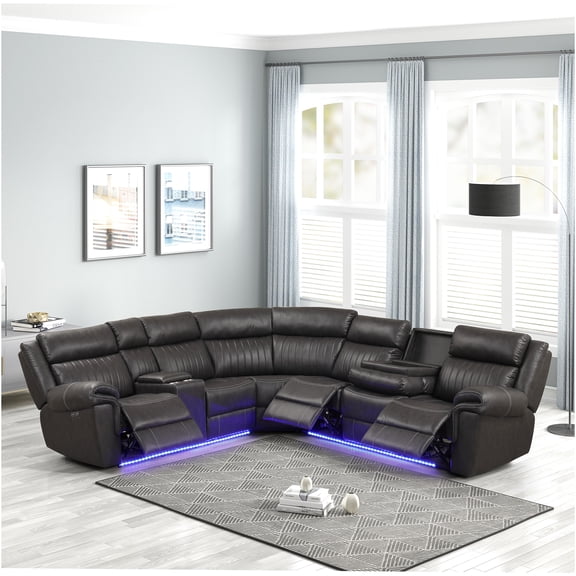 JERFIT Modern 7-Seat Leather Recliner Sectional Sofa with Bluetooth, Wireless Charging & LED Lights in Gray