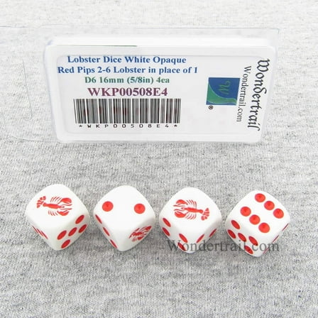 Lobster Dice White Opaque with Red Pips D6 16mm (5/8in) Set of 4 Wondertrail
