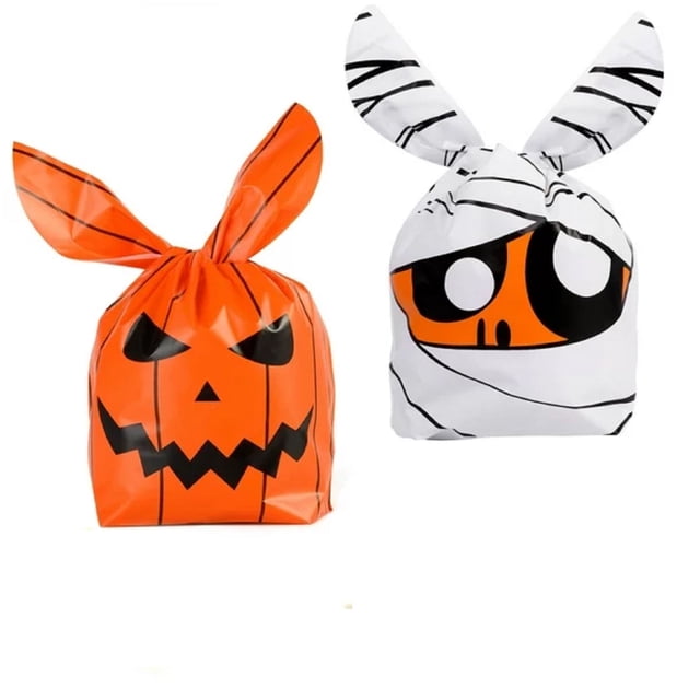 pdqouc 100 Pcs Halloween Candy Bags and Pumpkin Pattern Candy Bags Trick Or Bags Rabbit Ears Goodie Bags Halloween Plastic Gift Bags for Halloween Party
