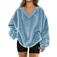 thumbnail image 2 of WULMLEO Women V Neck Fuzzy Fleece Pullover Sweatshirt - Oversized Long Sleeve with Pockets Cozy Fall Winter Casual Wear Light Blue XL, 2 of 4