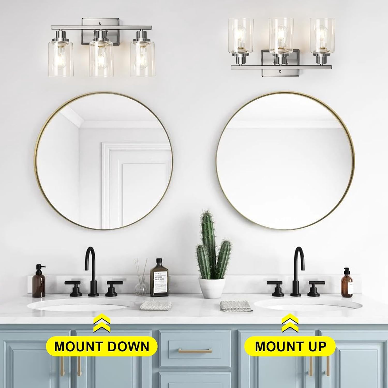 Bathroom Vanity Light Fixtures, 3 Light Wall Sconces Lighting with Clear Glass Shade, Brushed Nickel Wall Lights for Mirror, Kitchen, Living Room, Gallery, E26 Base (Bulbs Not Included)