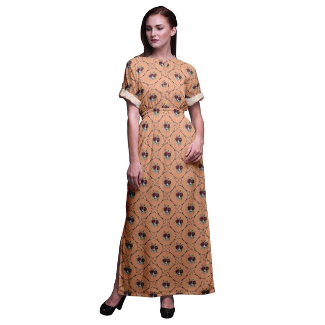 Bimba Rayon Leaves & Chrysanthemum Geometric Printed Womens Long MaxiDressGown With Side Slit-XSmall