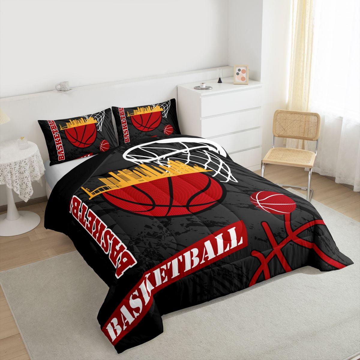 Feelyou Cartoon Basketball Print Queen Comforter Set, Black Red Graffiti Bedding Sets, Ball Sport Game Reversible Bedding Comforter Set, Breathable Home Decor, 3pcs