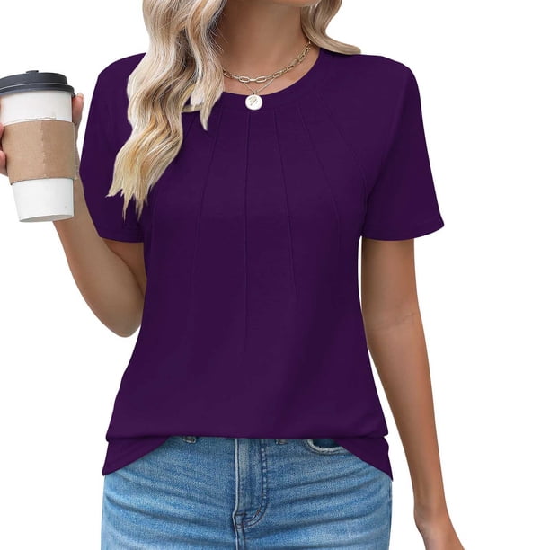 Fiudx Liquidación de Ahorros de Verano Top de Primavera/Verano de Manga Corta Informal de Moda con Cuello Redondo para Mujer