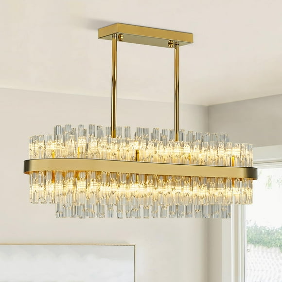 Siljoy Gold Chandelier for Dining Roon Modern Rectangle 2 Tiers Raindrop K9 Crystal Chandelier 16 Lights Luxury Oval Flush Mount Pendant Ceiling Light for Living Room Kitchen Island Bar L33.5 Inch