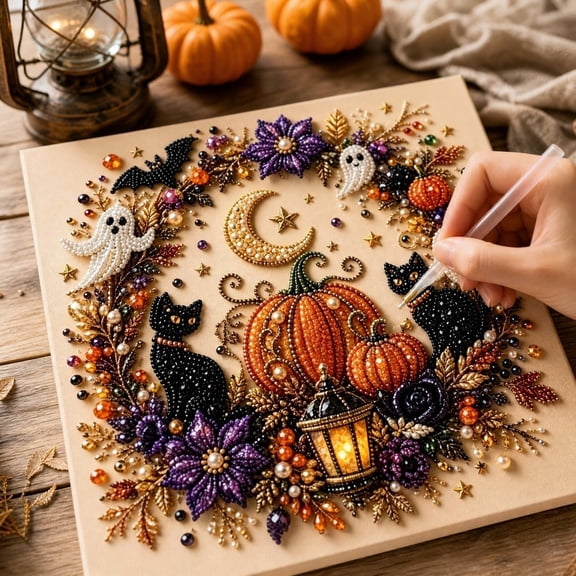 Kiddiway Halloween Pearl Painting DIY Craft Kit - Creative Materials with Beads and Tools, Spooky Home Decor Project, Great for Party Activities,A