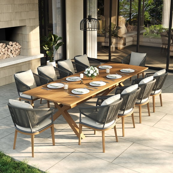 LayinSun 11 Piece Outdoor Dining Table Set, Aluminum Modern Rectangular Dining Table and All-Weather Wicker Chairs Set for Patio Deck Indoor Decor Kitchen