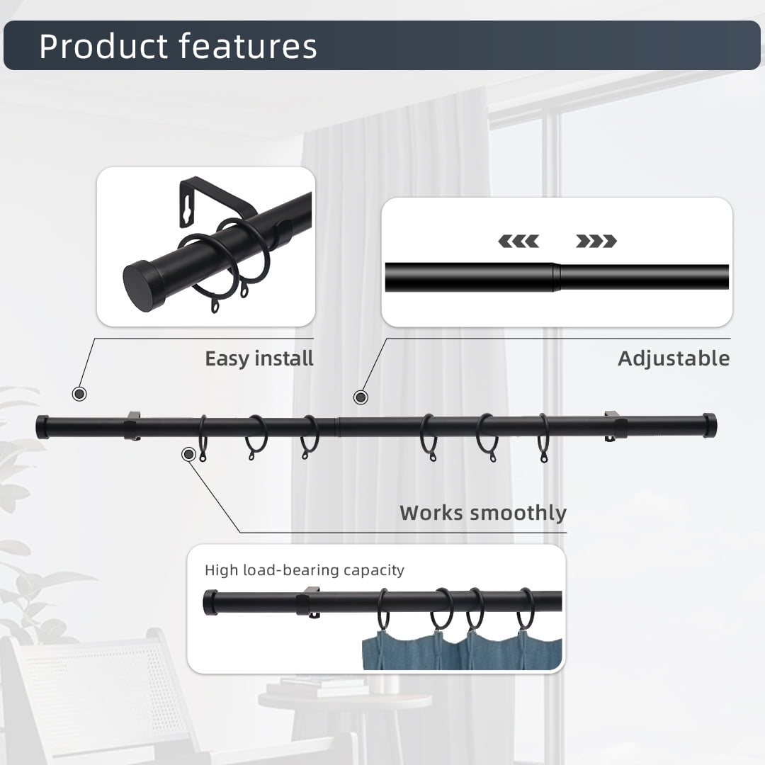 Coquilles Modern Adjustable Curtain Rods 1 Inch Diameter, Black with Cap Finials, 28-48 Inches