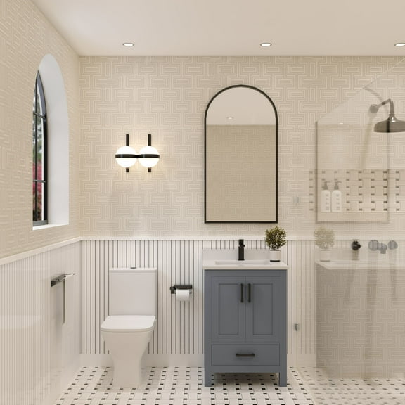 Ayna Decors Rooh 24 in Charcoal Grey Bathroom Vanity Set with White Quartz Countertop and Brass Faucet | Pop-Up Drain and P-Trap Included | Black Hardware