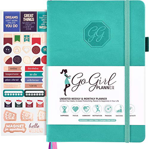 GoGirl Planner and Organizer for Women Productivity & Live Happier Compact Size Weekly Planner Start Anytime Undated Black Lasts 1 Year Goals Journal & Agenda to Improve Time Management 