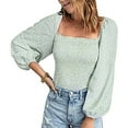 thumbnail image 2 of Hauts d'Automne pour Femmes 2022 Manches Longues Col Carré Tunique Smockée Tee Tops Chemises Couleur Unie Décontracté Confortable Crop Tops Blouse, 2 of 6
